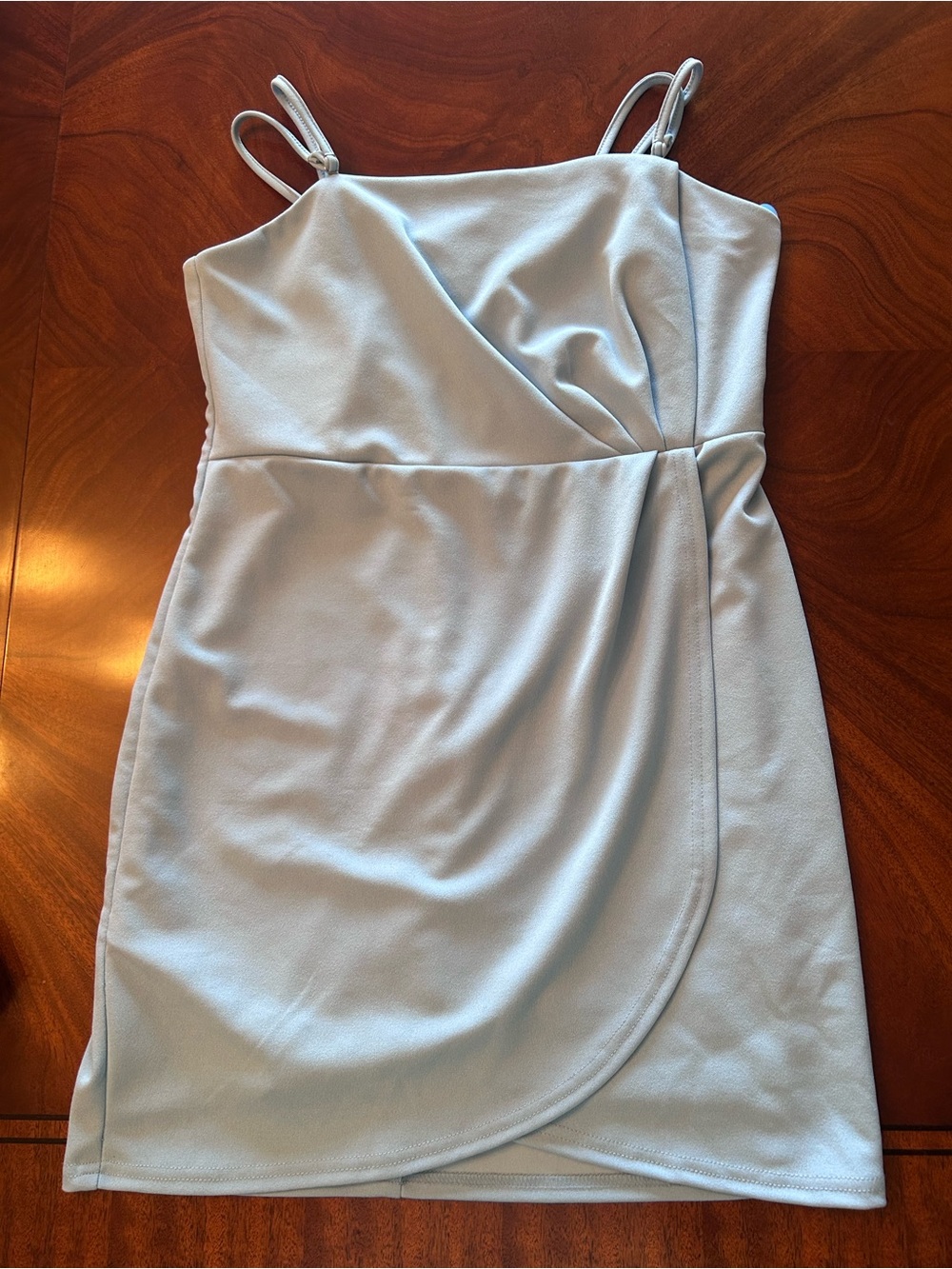 She + Sky Pale Blue Spaghetti-Strap Wrap Mini Dress
